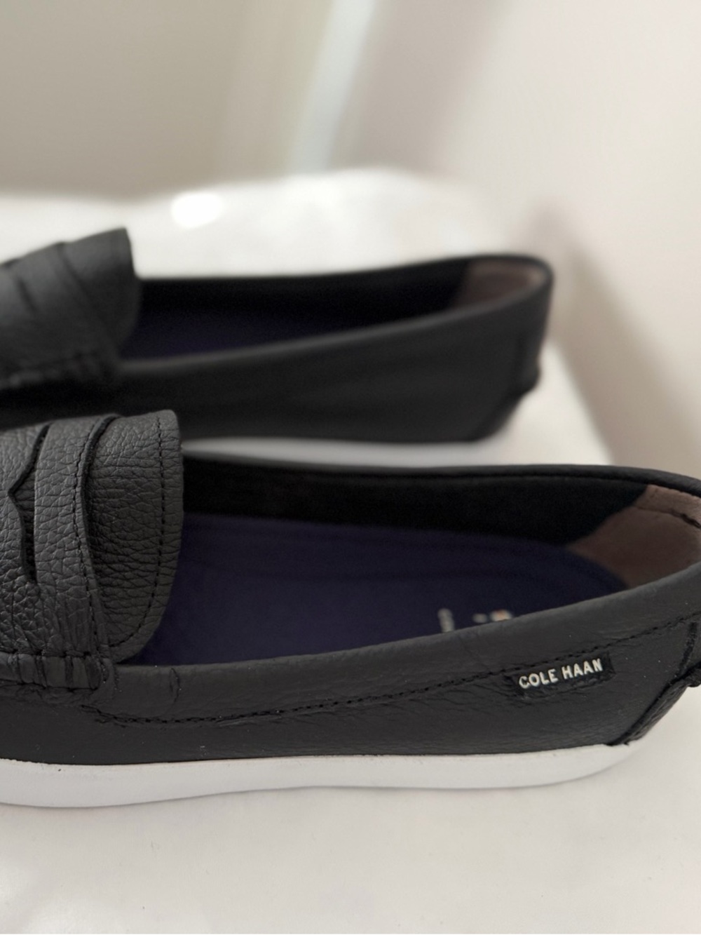 Cole Haan Black Pebbled Leather Slip-On Loafers with White Soles - Picture 3 of 11